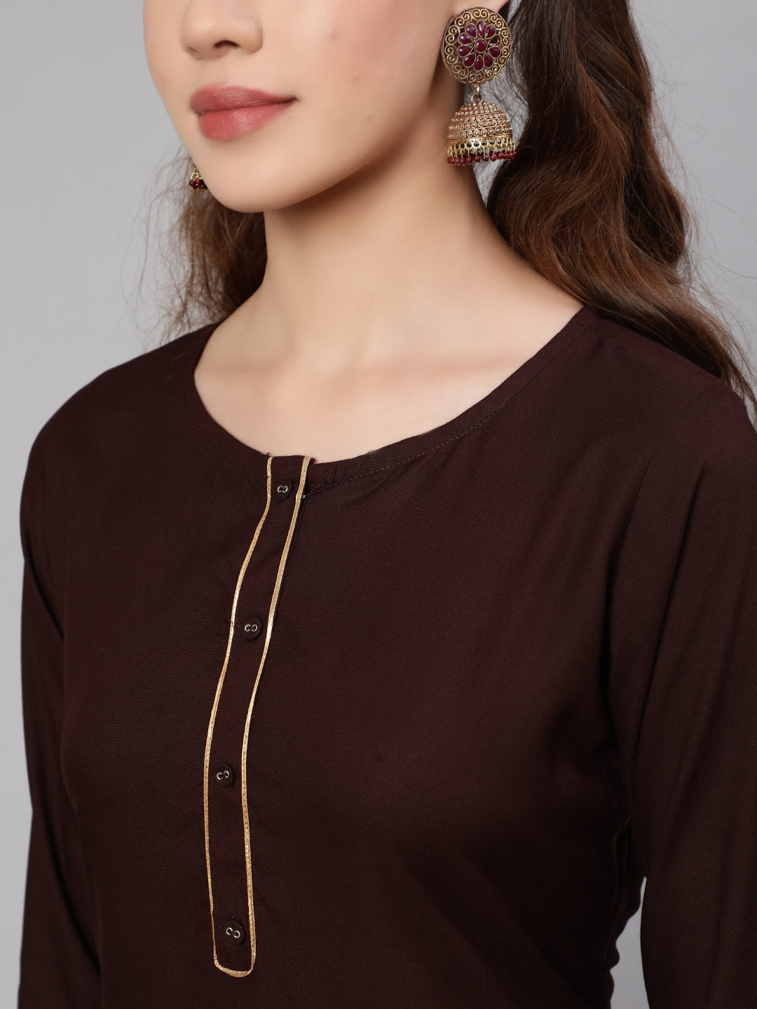 Dark Brown Straight Kurta With Palazzo And Art Silk Dupatta