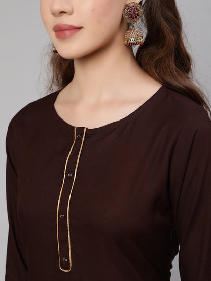 Dark Brown Straight Kurta With Palazzo And Art Silk Dupatta
