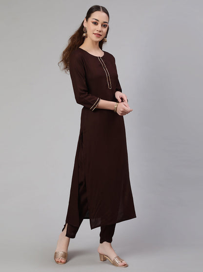 Dark Brown Straight Kurta With Palazzo And Art Silk Dupatta