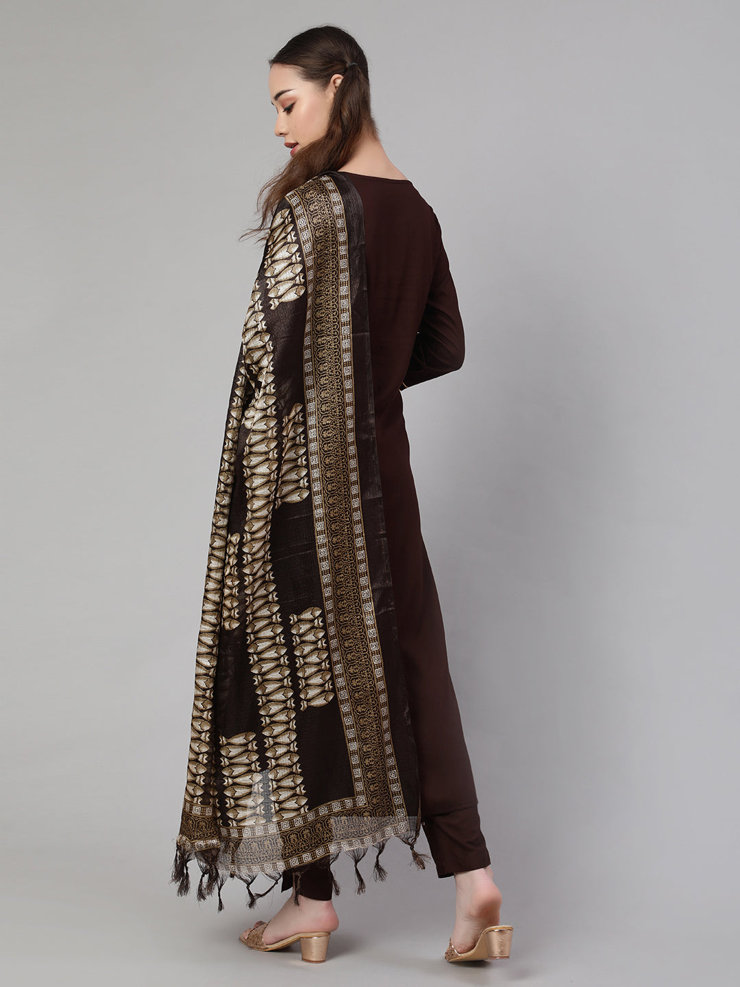 Dark Brown Straight Kurta With Palazzo And Art Silk Dupatta