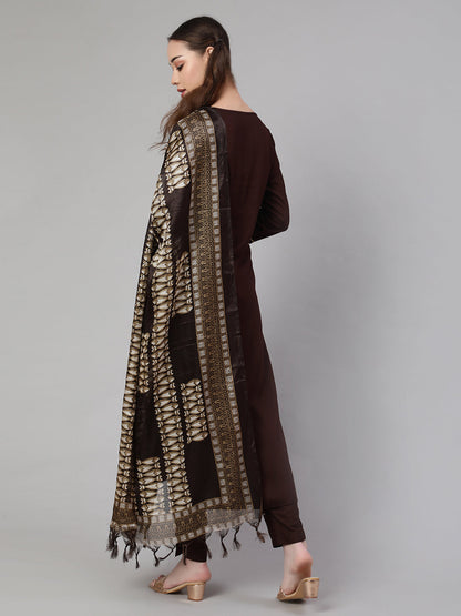 Dark Brown Straight Kurta With Palazzo And Art Silk Dupatta