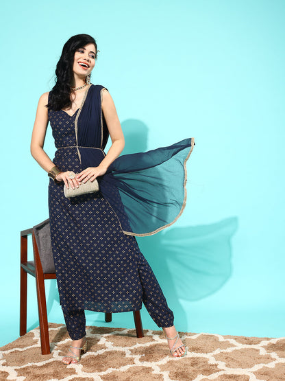 Navy Blue Ethnic Printed Sleeveless Kurta With Trouser And Dupatta