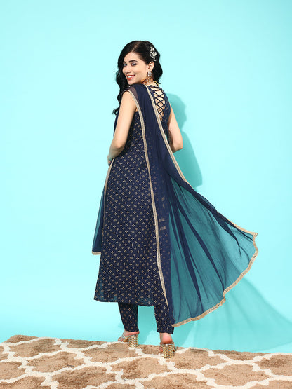 Navy Blue Ethnic Printed Sleeveless Kurta With Trouser And Dupatta