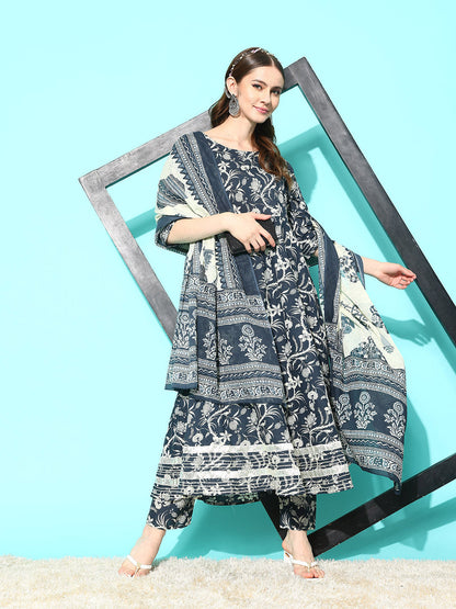 Grey Paisley Printed Anarkali Kurta With Trouser And Dupatta
