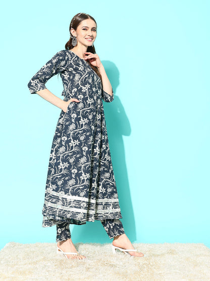 Grey Paisley Printed Anarkali Kurta With Trouser And Dupatta