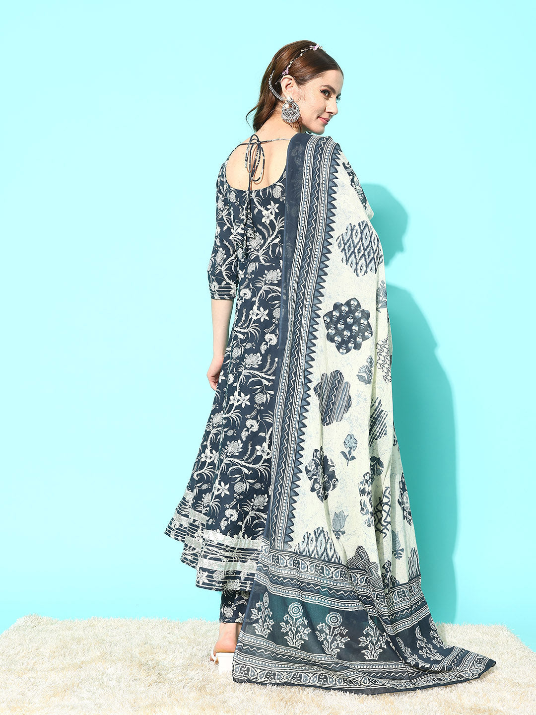 Grey Paisley Printed Anarkali Kurta With Trouser And Dupatta