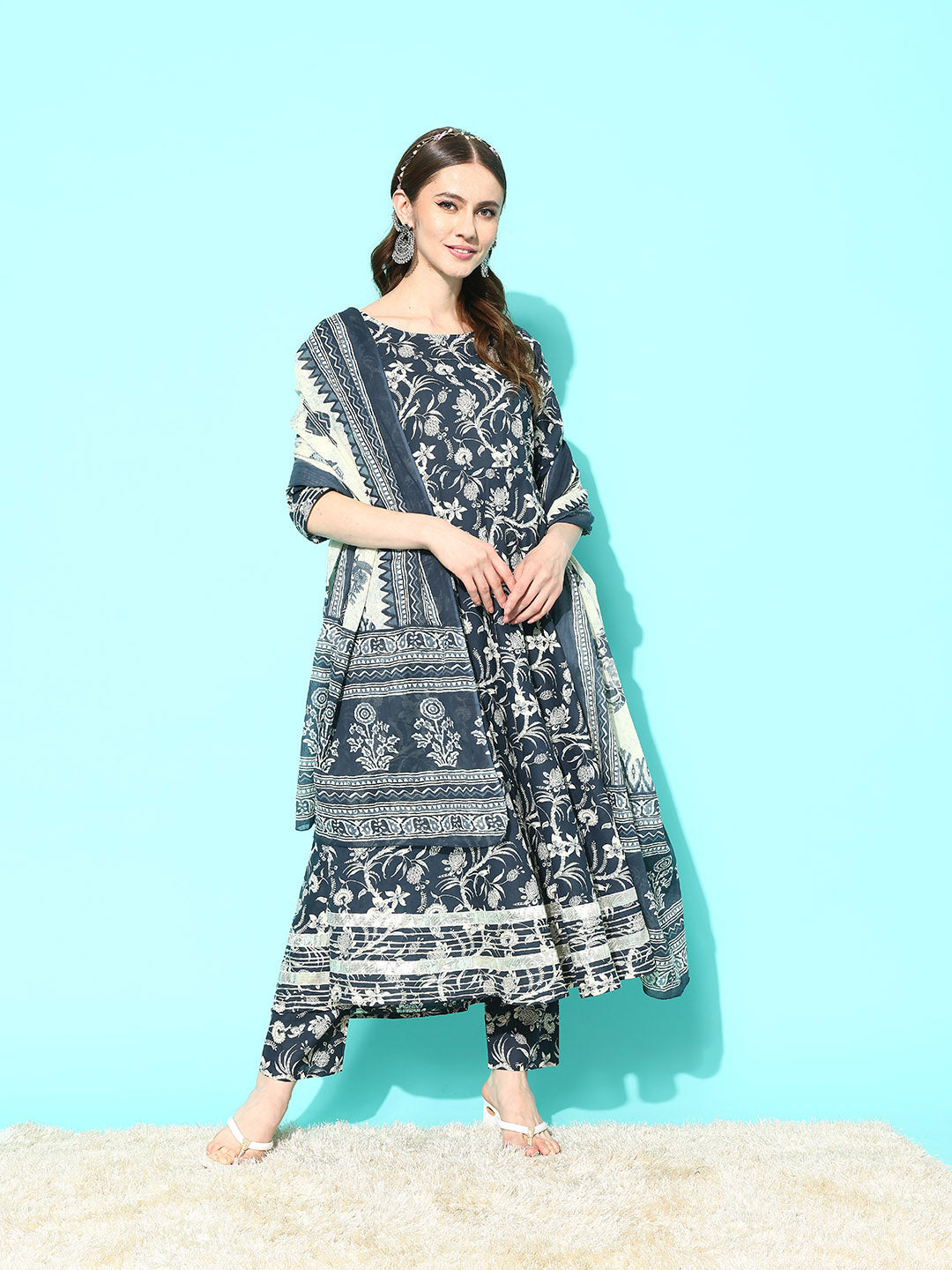 Grey Paisley Printed Anarkali Kurta With Trouser And Dupatta