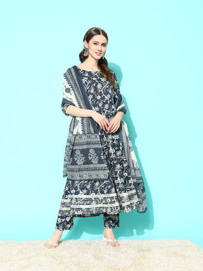 Grey Paisley Printed Anarkali Kurta With Trouser And Dupatta