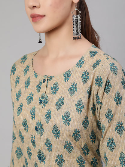 Beige Ethnic Printed Straight Kurta With Culottes Palazzo