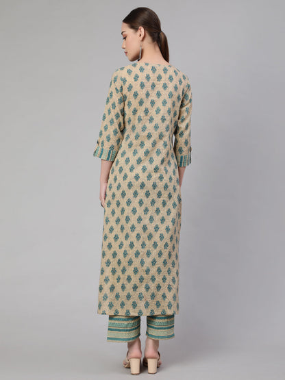 Beige Ethnic Printed Straight Kurta With Culottes Palazzo