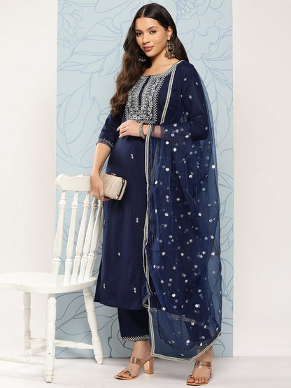 Navy Blue Embroidered Straight Kurta With Palazzo And Dupatta