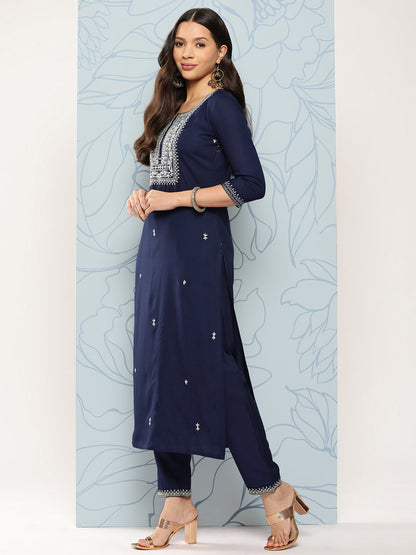Navy Blue Embroidered Straight Kurta With Palazzo And Dupatta