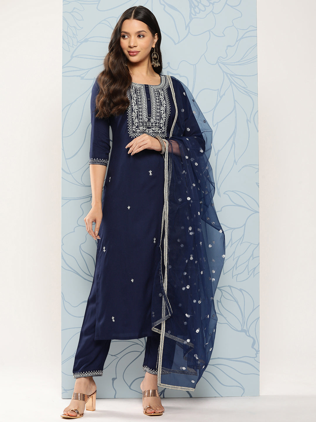 Navy Blue Embroidered Straight Kurta With Palazzo And Dupatta