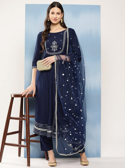 Navy Blue Embroidered Anarkali Kurta With Trouser And Dupatta