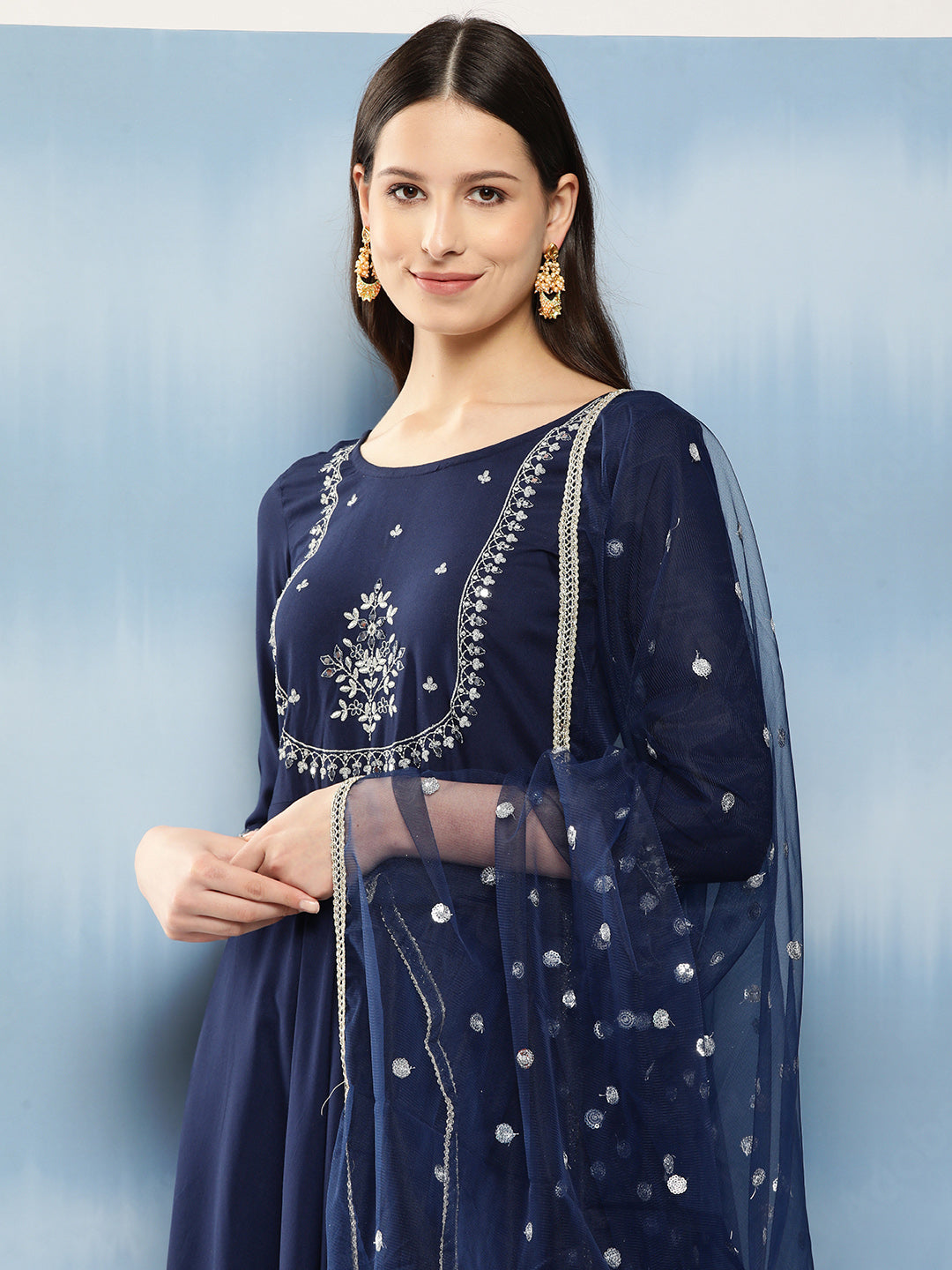 Navy Blue Embroidered Anarkali Kurta With Trouser And Dupatta