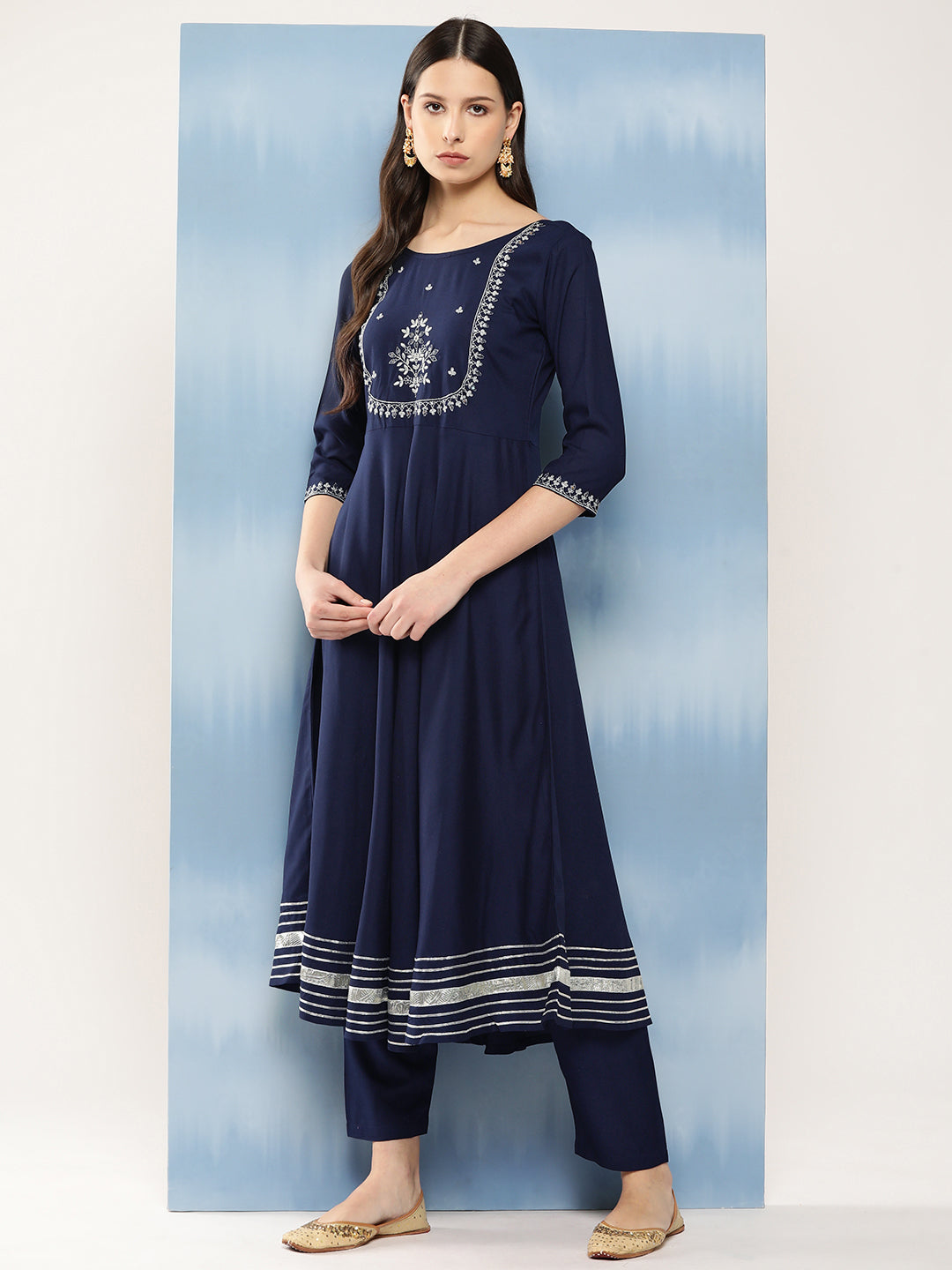 Navy Blue Embroidered Anarkali Kurta With Trouser And Dupatta