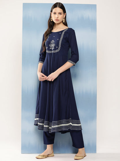 Navy Blue Embroidered Anarkali Kurta With Trouser And Dupatta