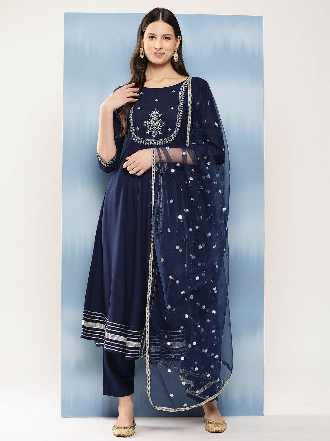 Navy Blue Embroidered Anarkali Kurta With Trouser And Dupatta