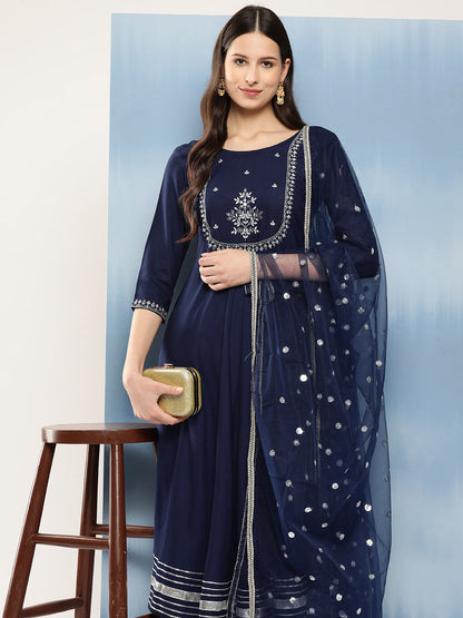 Navy Blue Embroidered Anarkali Kurta With Trouser And Dupatta