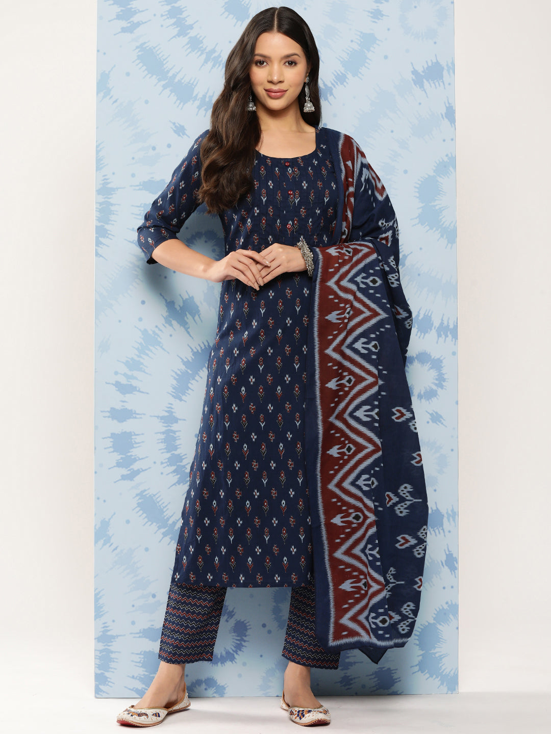 Blue Ethnic Printed Straight Kurta With Trouser