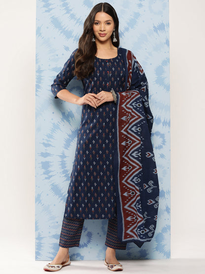 Blue Ethnic Printed Straight Kurta With Trouser
