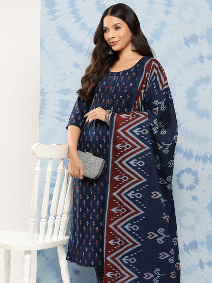 Blue Ethnic Printed Straight Kurta With Trouser