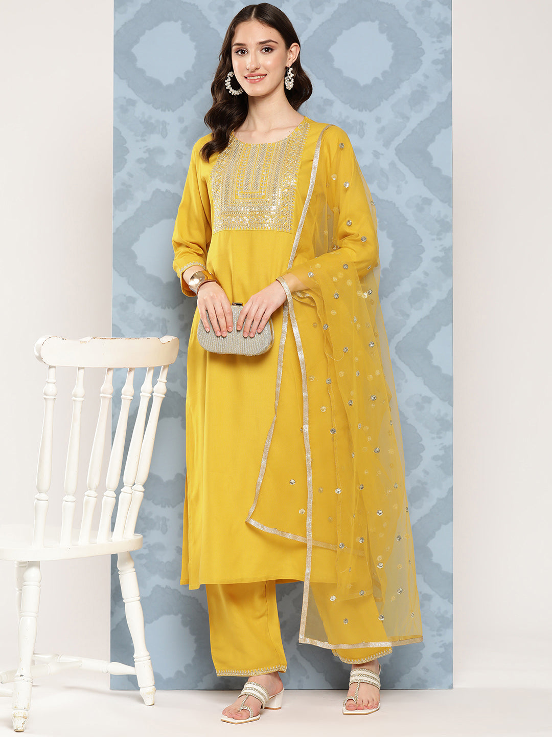 Yellow Embroidered Straight Kurta With Palazzo And Net Dupatta