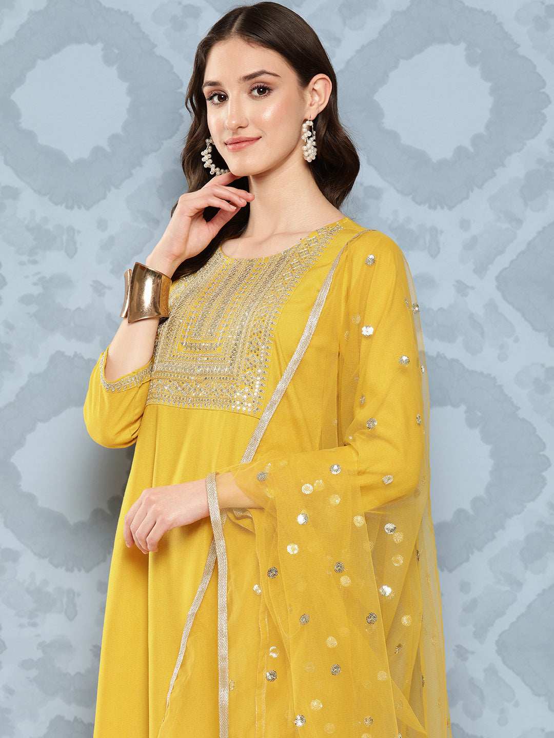 Yellow Embroidered Straight Kurta With Palazzo And Net Dupatta