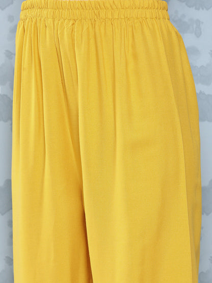Yellow Embroidered Straight Kurta With Palazzo And Net Dupatta