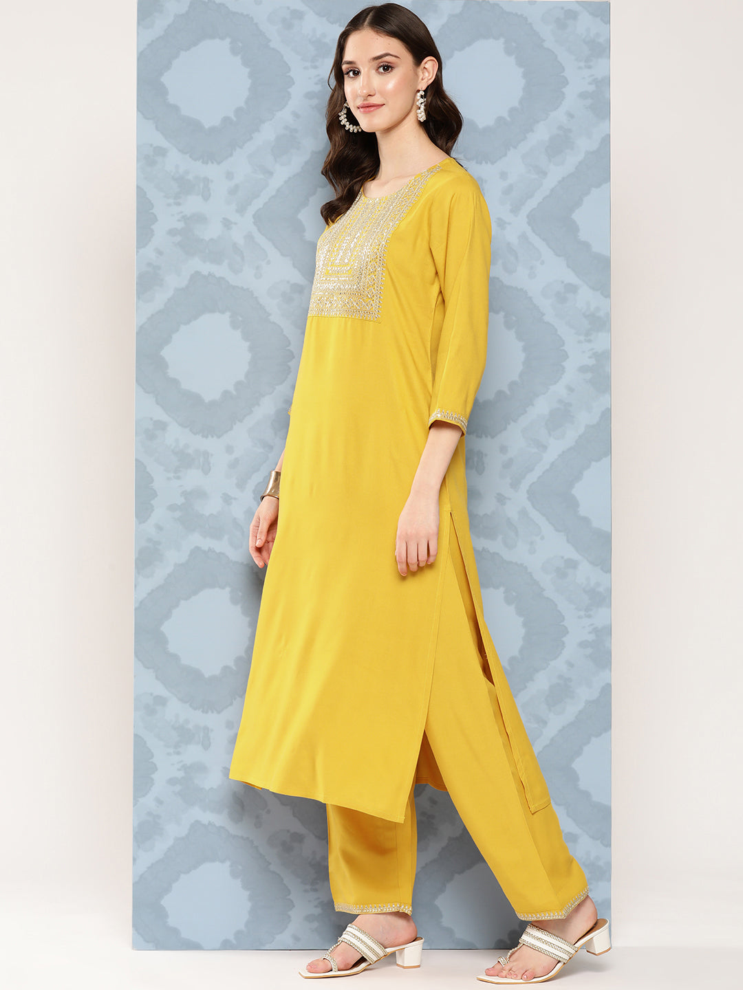 Yellow Embroidered Straight Kurta With Palazzo And Net Dupatta