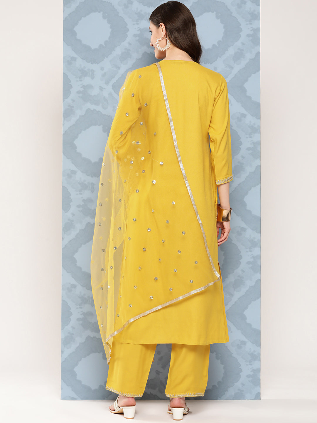 Yellow Embroidered Straight Kurta With Palazzo And Net Dupatta