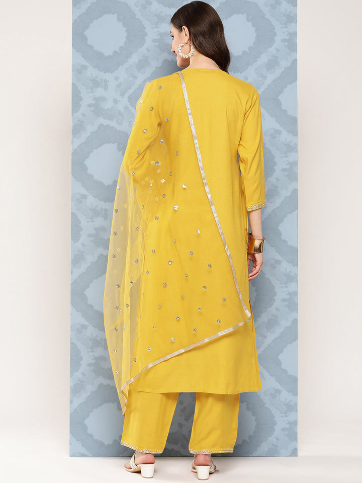 Yellow Embroidered Straight Kurta With Palazzo And Net Dupatta
