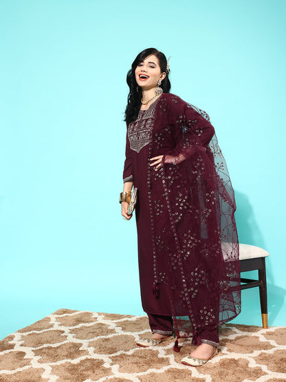 Burgundy Embroidered Straight Kurta With Palazzo And Net Dupatta