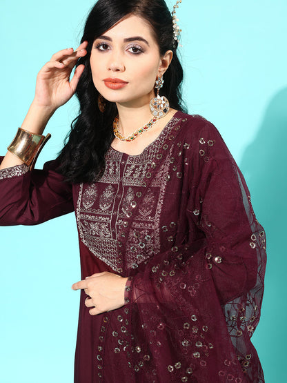 Burgundy Embroidered Straight Kurta With Palazzo And Net Dupatta