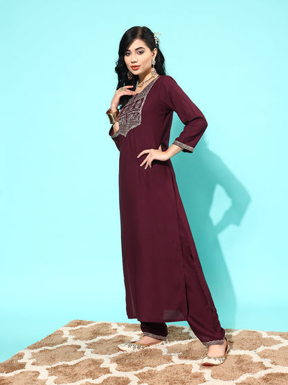Burgundy Embroidered Straight Kurta With Palazzo And Net Dupatta