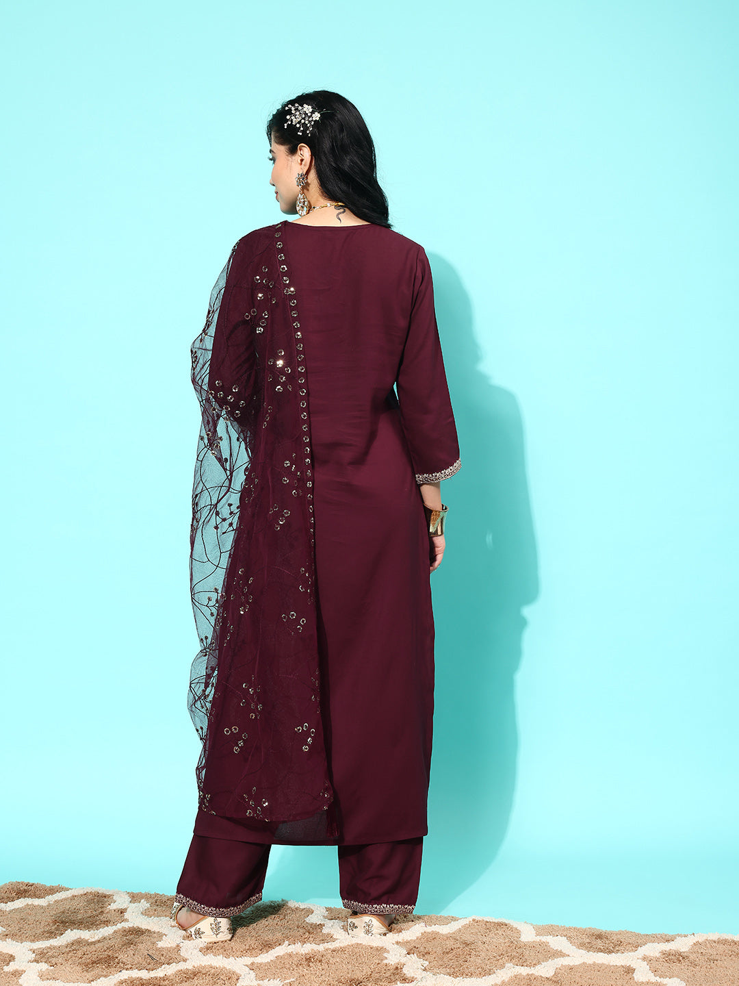Burgundy Embroidered Straight Kurta With Palazzo And Net Dupatta