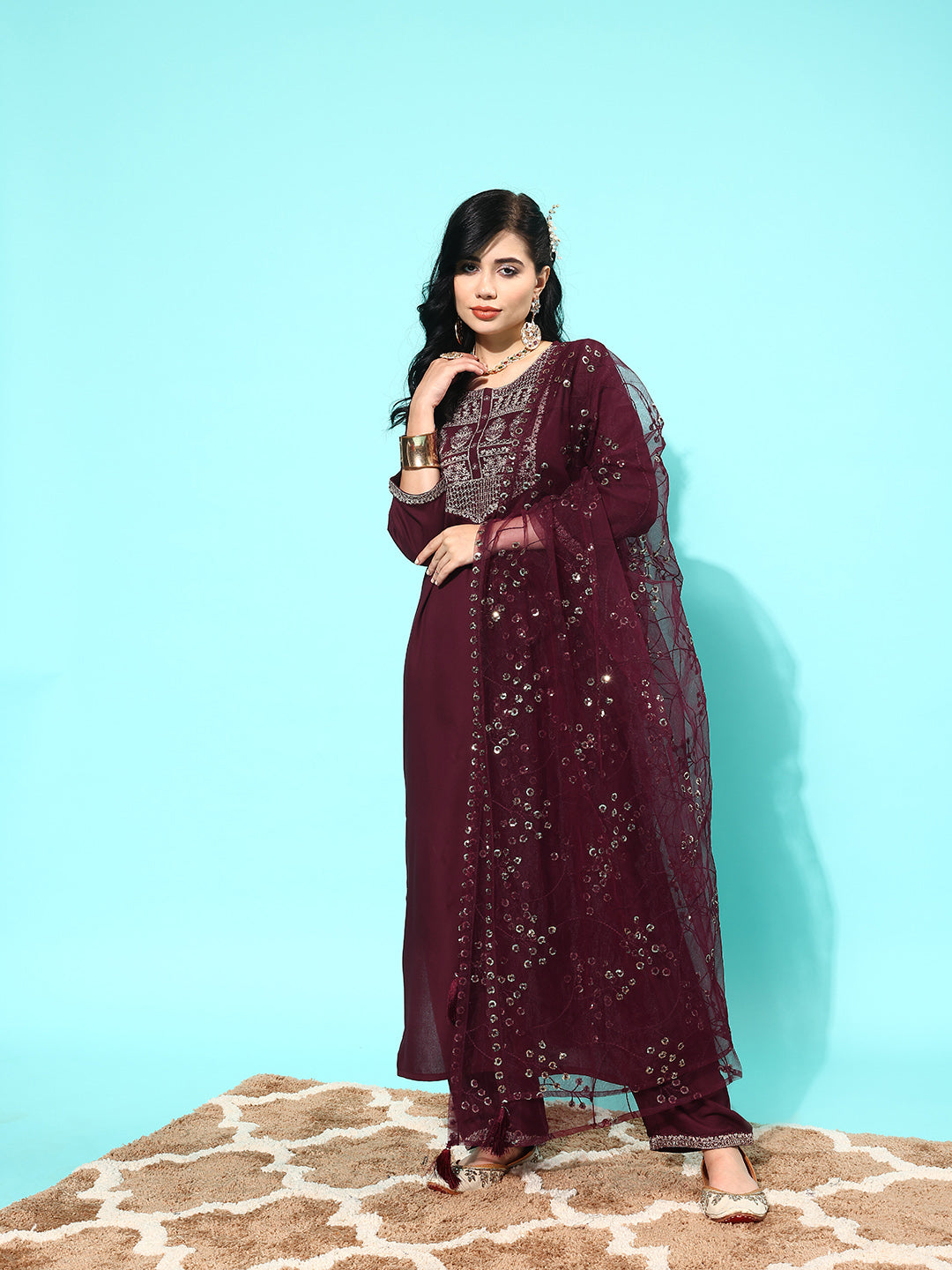 Burgundy Embroidered Straight Kurta With Palazzo And Net Dupatta