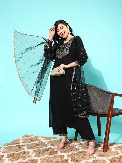Black Embroidered Straight Kurta With Palazzo And Net Dupatta