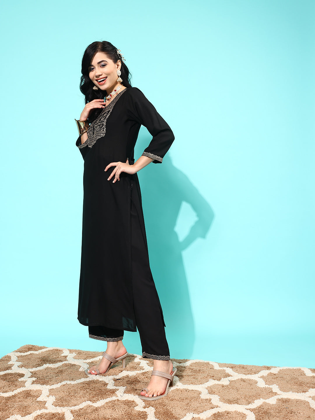 Black Embroidered Straight Kurta With Palazzo And Net Dupatta