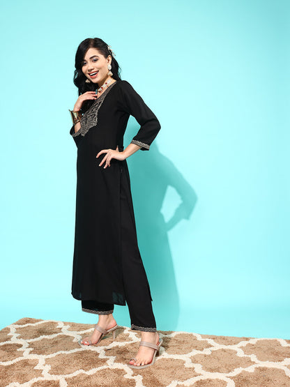Black Embroidered Straight Kurta With Palazzo And Net Dupatta