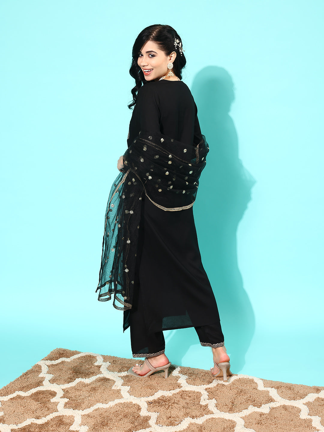 Black Embroidered Straight Kurta With Palazzo And Net Dupatta