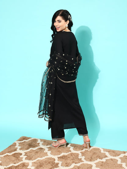 Black Embroidered Straight Kurta With Palazzo And Net Dupatta