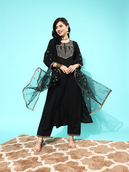 Black Embroidered Straight Kurta With Palazzo And Net Dupatta
