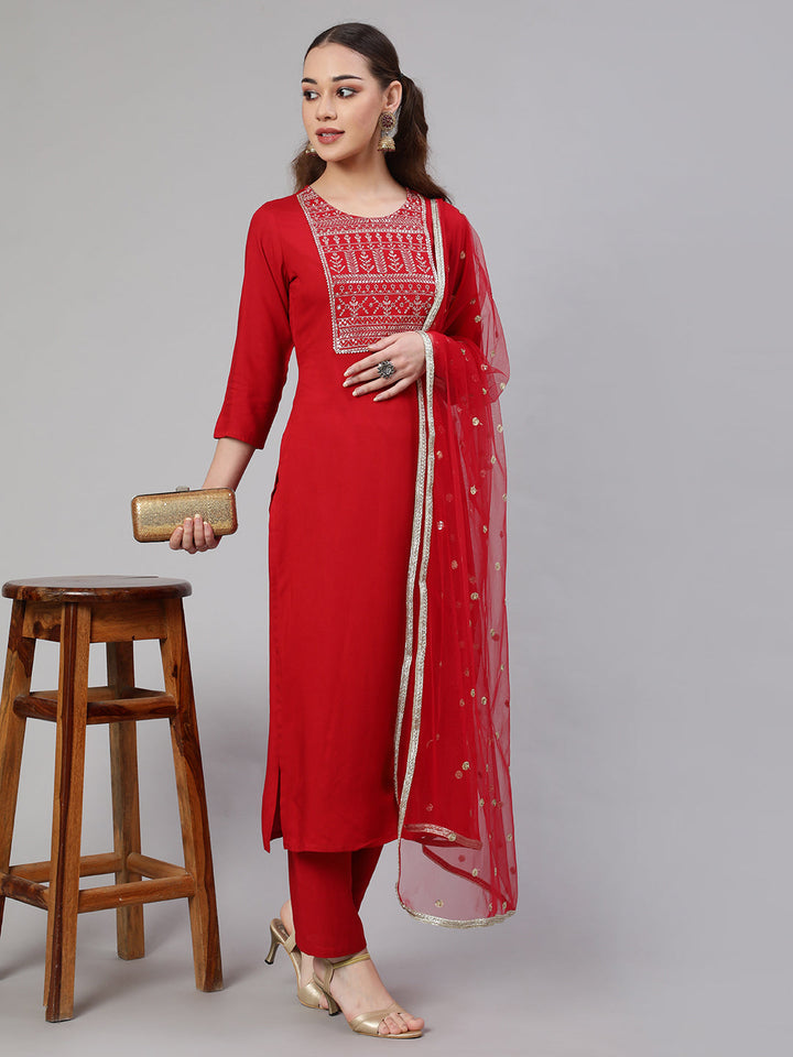 Red Embroidered Straight Kurta With Palazzo And Net Dupatta