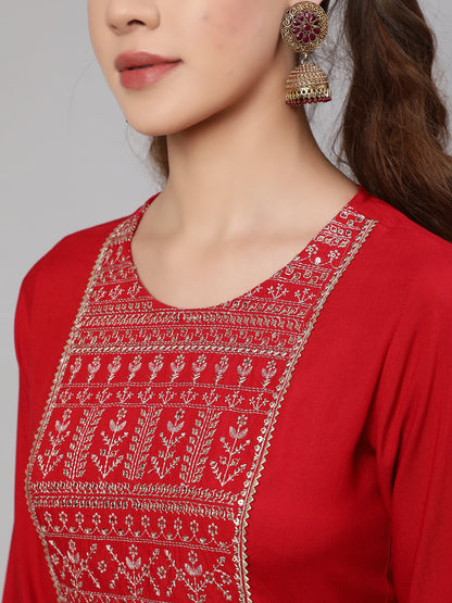 Red Embroidered Straight Kurta With Palazzo And Net Dupatta