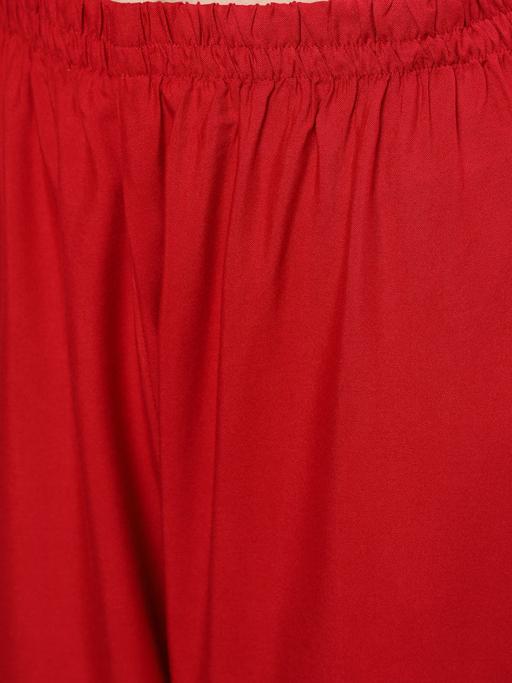 Red Embroidered Straight Kurta With Palazzo And Net Dupatta