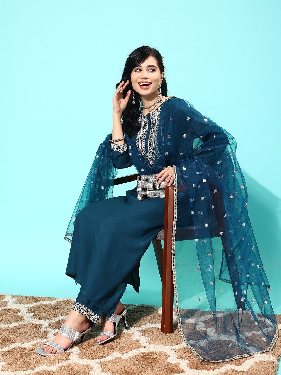 Teal Blue Embroidered Straight Kurta With Palazzo And Net Dupatta
