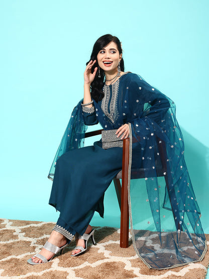 Teal Blue Embroidered Straight Kurta With Palazzo And Net Dupatta