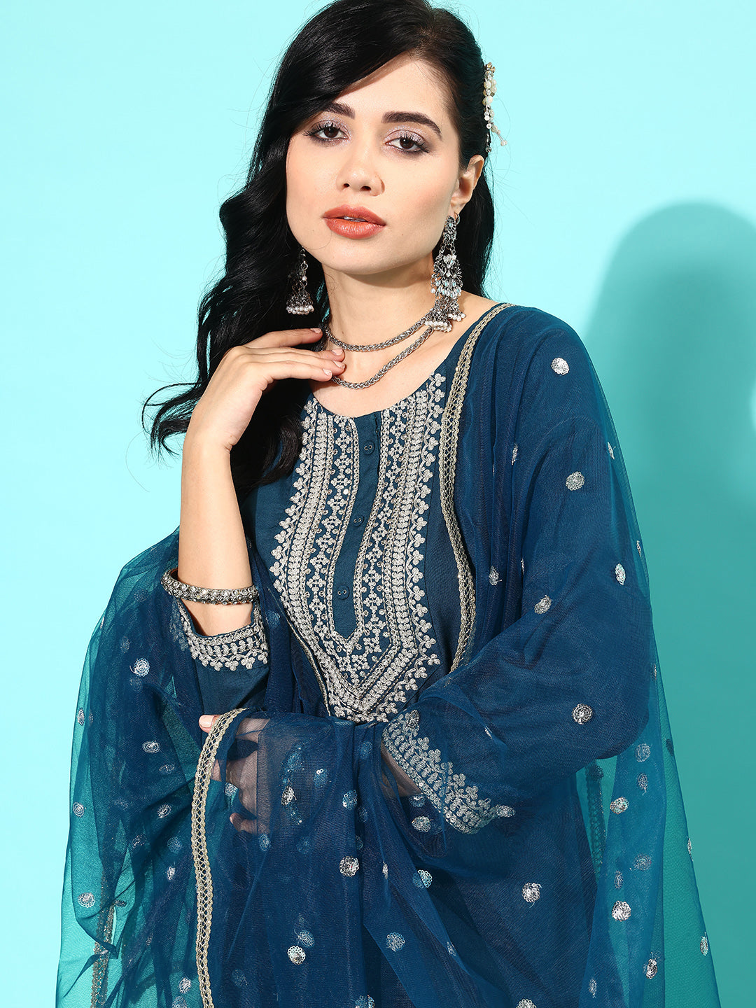 Teal Blue Embroidered Straight Kurta With Palazzo And Net Dupatta