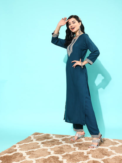 Teal Blue Embroidered Straight Kurta With Palazzo And Net Dupatta